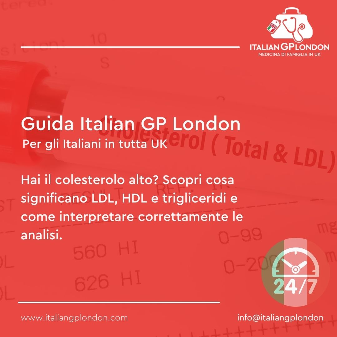 Analisi del colesterolo alto con interpretazione dei valori LDL, HDL e trigliceridi da parte di un medico italiano nel Regno Unito
